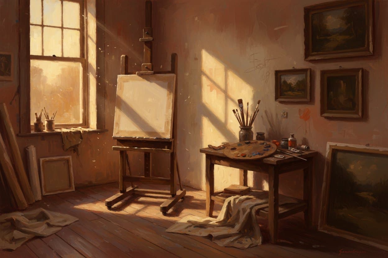 The Canvasly Studio interior at golden hour — an easel, painter's palette, and an oil portrait in progress on a sunlit work wall