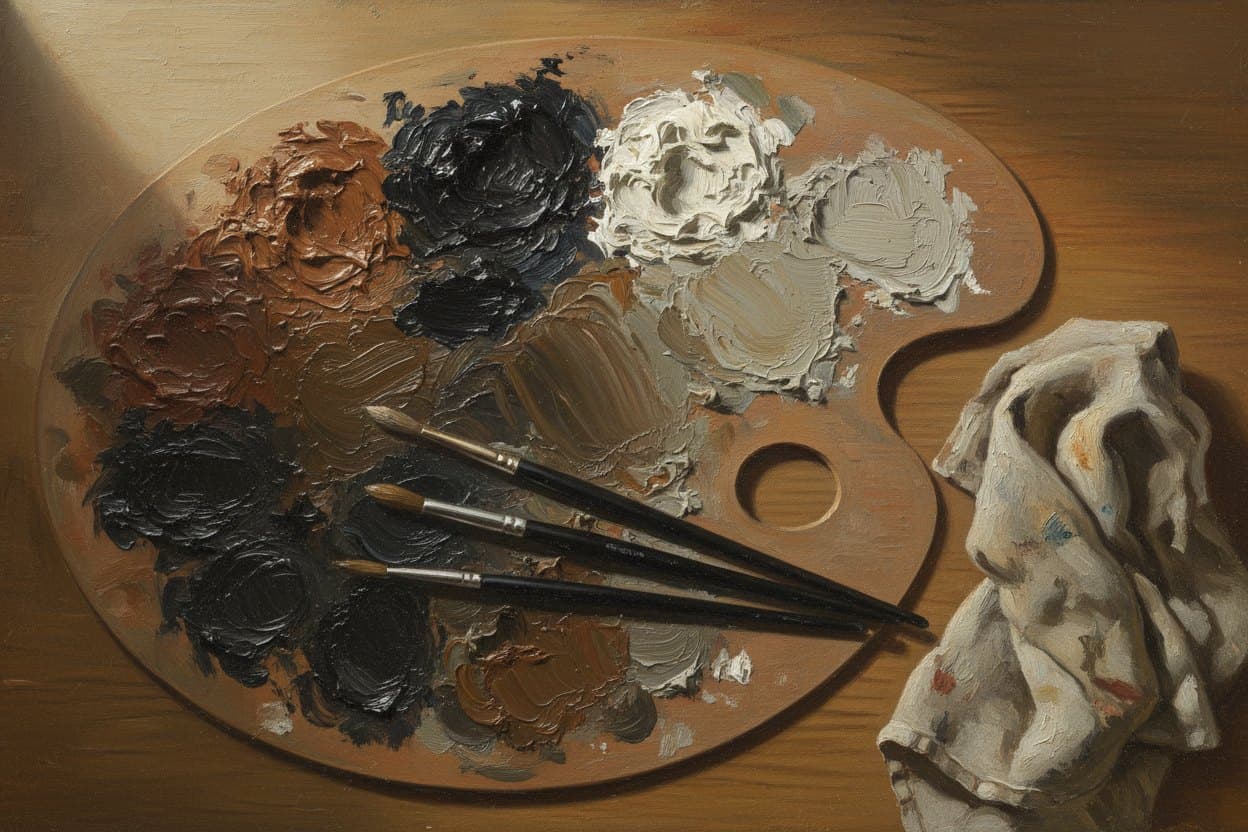 A painter's palette laid out for an oil portrait commission — pigments mixed, brushes ready, canvas primed